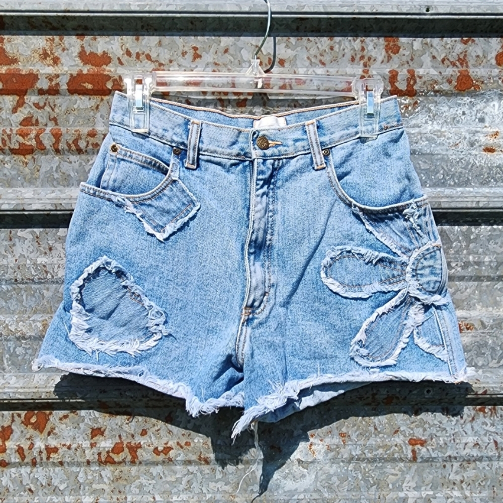 VINTAGE 90's Boho High Waisted Heart & Flower Patched Denim Shorts